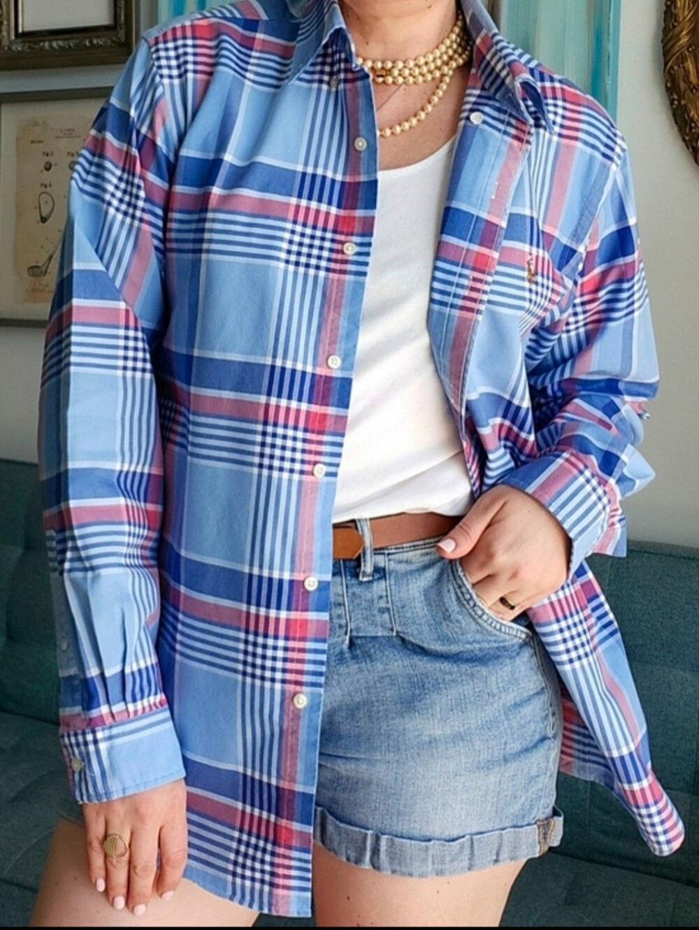 Ralph Lauren Light Blue Plaid Button-Down Shirt with Pink & Navy